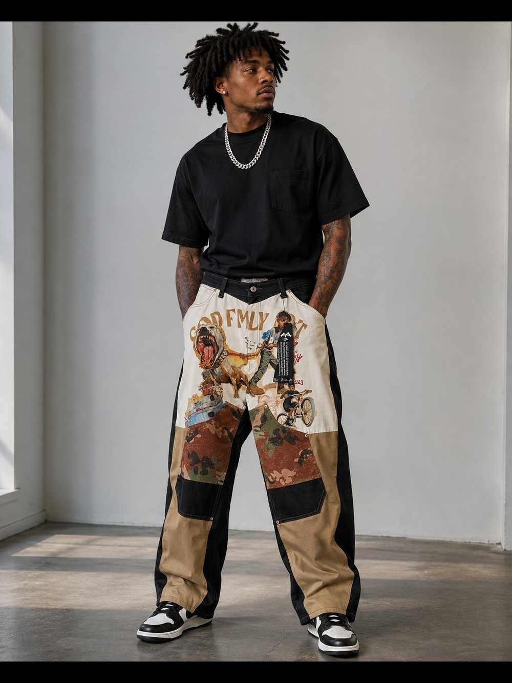 9amGod Family Art  Patchwork  Denim Jeans - Cream, Black, Tan